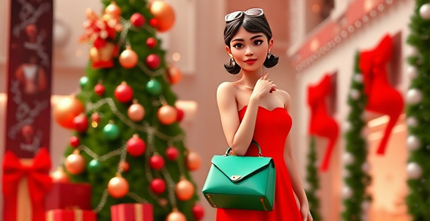 Una modelo de moda con un vestido rojo brillante y un bolso verde esmeralda, con un fondo navideño exagerado. La modelo se ve incómoda y el conjunto resulta demasiado llamativo.