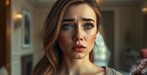 Una imagen de una mujer con una expresión de tristeza y desesperanza en su rostro, con un fondo que sugiere una casa lujosa pero vacía.