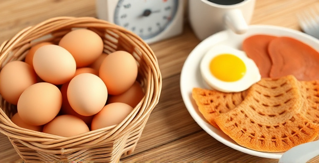 Una cesta de huevos frescos junto a una balanza y un plato con un desayuno saludable