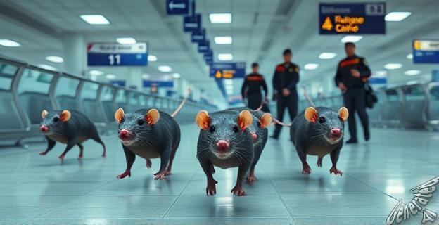 Imagen de ratas corriendo en la zona de equipajes de un aeropuerto, con agentes de la Guardia Civil en el fondo.