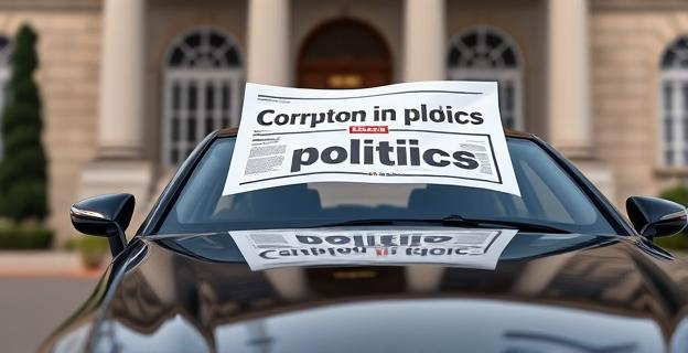 Imagen de un coche de lujo aparcado frente a un edificio gubernamental, con un titular de periódico en el parabrisas que dice 