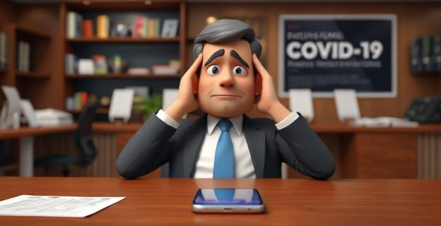 Imagen de un político frustrado en una oficina con mensajes en un teléfono móvil sobre la mesa, con un fondo de noticias sobre Covid-19 y restricciones