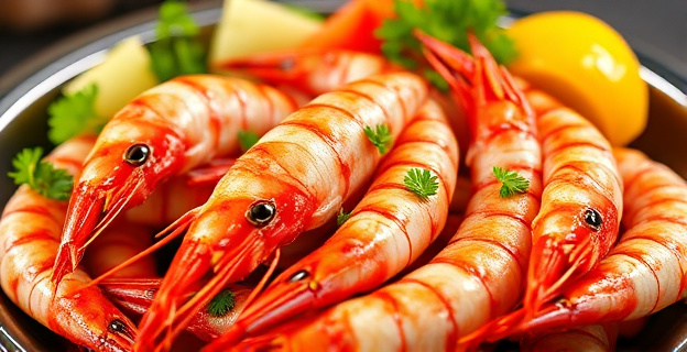 Un plato de gambas a la plancha con un toque dorado, rodeado de ingredientes frescos en una mesa navideña, con un ambiente cálido y acogedor