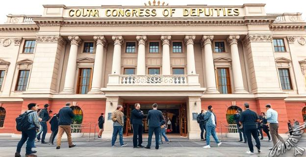 Imagen de un edificio del Congreso de los Diputados con periodistas y medios de comunicación en la entrada, reflejando la decisión de aplicar nuevos criterios para la acreditación de medios.