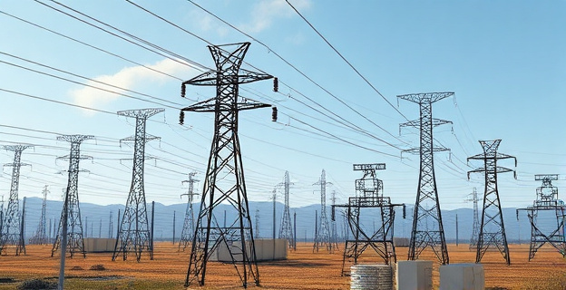 Una red eléctrica sobrecargada con cables y torres de alta tensión en un paisaje industrial