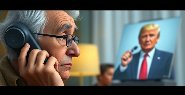 Una imagen que representa una llamada telefónica con un tono de alerta y preocupación, mostrando un anciano escuchando atentamente con una expresión de inquietud en su rostro, mientras al otro lado de la línea se ve una figura política, simbolizando la controversia y la tensión electoral.
