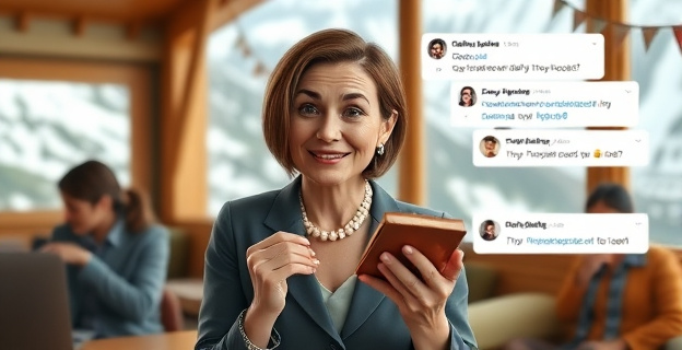 Imagen de una mujer política en campaña electoral con un chocolate en un hostal de montaña, mientras los usuarios de redes sociales comentan con sarcasmo en un fondo digital