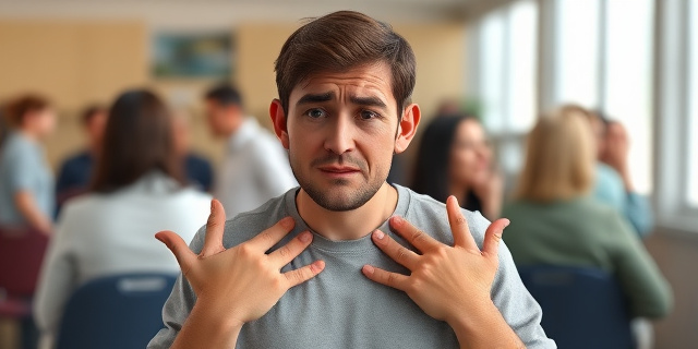 Una persona con hiperhidrosis, con sudor en las manos y las axilas, en un entorno social, con una expresión de incomodidad y ansiedad en su rostro.
