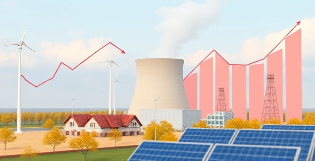 Una central nuclear rodeada de gráficos de precios de la luz descendentes y paneles solares