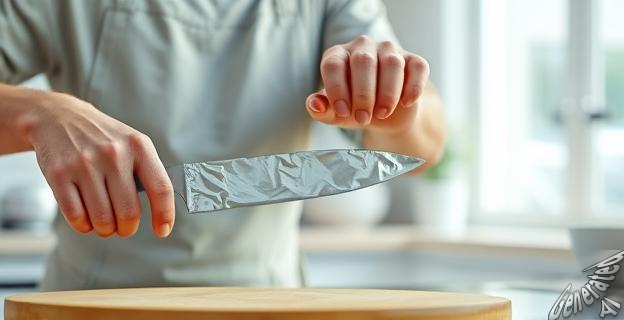 Una persona en una cocina afilando un cuchillo con papel de aluminio
