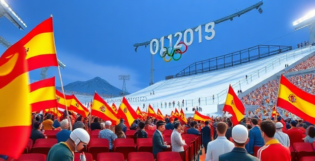 Una multitud en un estadio olímpico de esquí de montaña, con banderas españolas ondeando y algunas esteladas y senyeras siendo retiradas por personal de seguridad de manera educada pero firme.