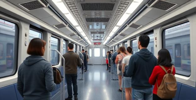 Imagen de un tren de alta velocidad con pasajeros de pie en el pasillo, sin mostrar personas específicas ni nombres propios