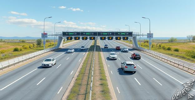 Una autopista con varios carriles y un sistema de peaje automático en el horizonte, con vehículos circulando en diferentes direcciones