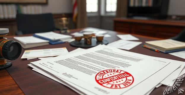 Un documento extenso sobre una mesa de trabajo en una oficina gubernamental con varios papeles y un sello de 