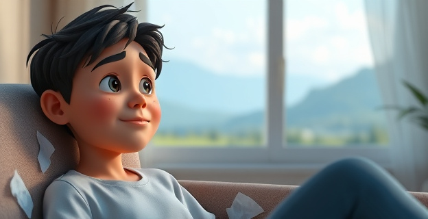 Una persona en un entorno tranquilo, con expresión de serenidad después de llorar, rodeada de pañuelos y con una ventana al fondo que muestra un paisaje natural.