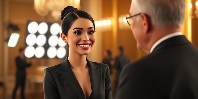 Una mujer joven y atractiva, con un traje elegante, sonríe mientras habla con un hombre mayor, con un traje formal, en un entorno elegante. Al fondo, se ven luces de estudio y cámaras de televisión.