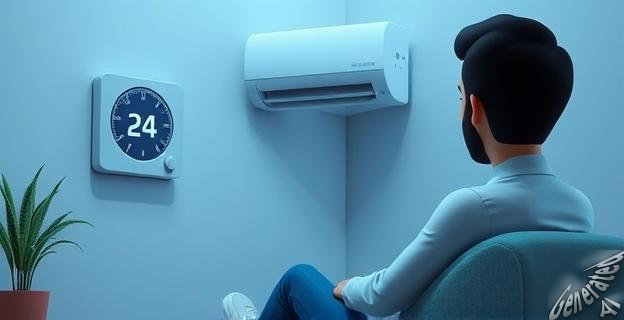 Una persona sentada en una habitación fresca con un termostato en la pared mostrando 24 grados, con un aire acondicionado funcionando en segundo plano.