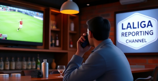 Una imagen de un bar con una pantalla de televisión mostrando un partido de fútbol, con un cliente en primer plano haciendo una llamada telefónica a través de un teléfono móvil, mientras que en el fondo se ve un cartel que dice 