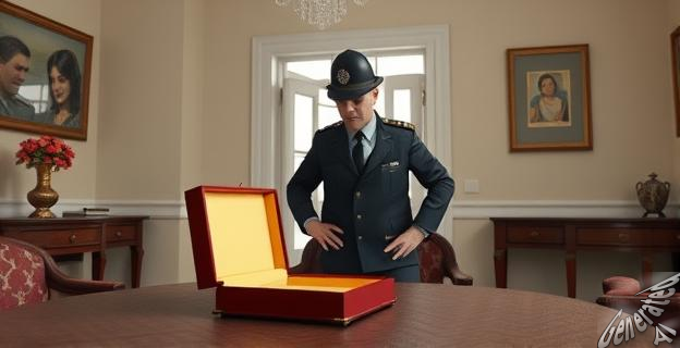 Un agente de la Guardia Civil detiene a un hombre en una vivienda, con una caja de joyas abierta en la mesa.