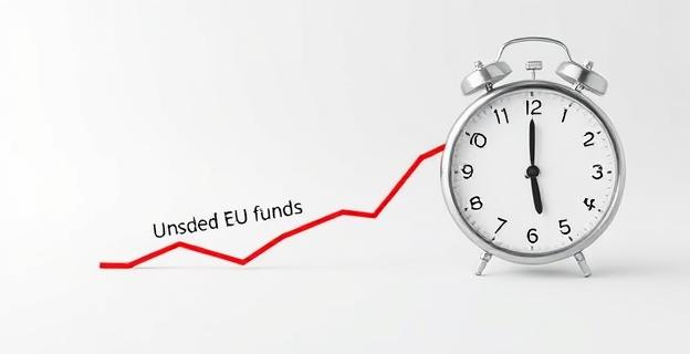 Imagen de una gráfica descendente con fondos europeos sin gastar y un reloj indicando el tiempo límite