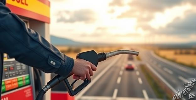 Un hombre sostiene una boquilla de diésel en una gasolinera con un paisaje de carretera al fondo