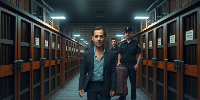 Interior de una cárcel española, con largas filas de celdas de madera y luces tenues. Un hombre de 55 años con expresión cansada está en una celda, mientras agentes uniformados en patrulla llevan una maleta con etiquetas de pasaporte ecuatoriano. El aire es frío y el ambiente tenso, con un fondo de muros de ladrillo y una señal de "Centro Penitenciario" en la puerta, sin mostrar rostros faciales reales.