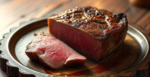 Una pieza de carne asada en un plato rústico. Una sección del filete revela una transición visual sutil de un interior rosado y jugoso a un borde exterior ligeramente grisáceo. La luz ambiental es cálida y se enfoca en el centro jugoso del filete, mientras que el área gris es menos prominente, pero visible. No hay personas ni utensilios.