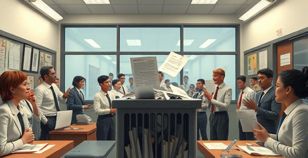 Oficina municipal con documentos siendo triturados, personas alrededor de una trituradora de papel, ambiente de tensión política