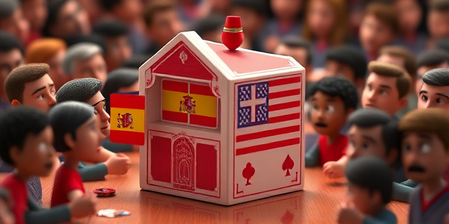 Un castillo de naipes con banderas españolas y estadounidenses, rodeado de personas con caras de preocupación