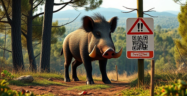 Un jabalí en un bosque con un cartel que indica una zona de caza controlada y un código QR para notificar la captura, con un fondo de paisaje mediterráneo y una atmósfera de caza.