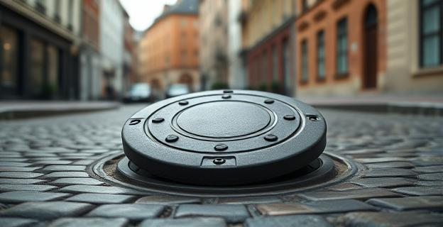 Imagen de una tapa de alcantarilla redonda sobre una calle empedrada con un fondo de edificios urbanos. La tapa está ligeramente levantada mostrando su grosor y la forma circular perfecta.