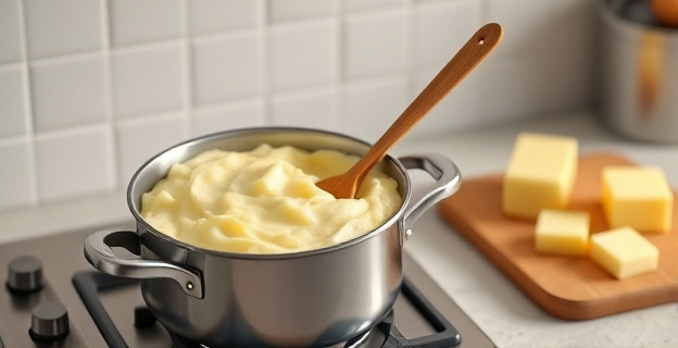 Imagen de una cocina con una olla de puré de patatas cremoso en el fuego, con una cuchara de madera y una tabla con patatas y mantequilla al lado.