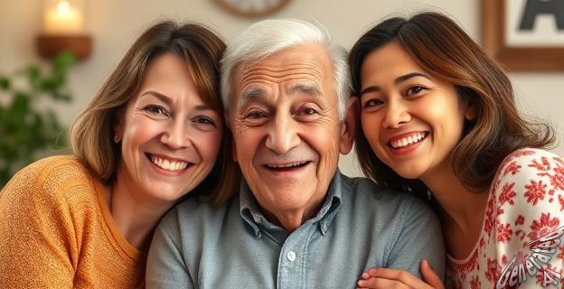 Un hombre de 82 años sonriendo con sus hijas en una foto familiar, con mensajes de amor en redes sociales.