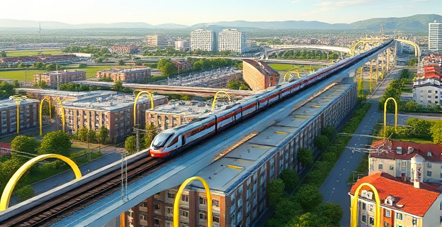Una imagen que represente una red de trenes de alta velocidad atravesando un paisaje urbano y rural, con fondos europeos fluyendo hacia la infraestructura ferroviaria.