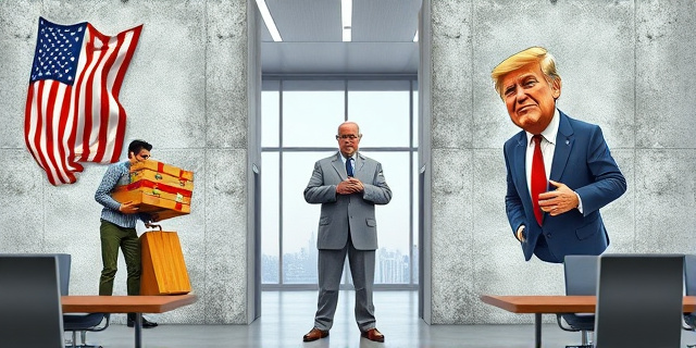 Una ilustración conceptual y satírica. Un enorme muro de hormigón con la bandera de Estados Unidos dividiendo una oficina moderna. De un lado, un empresario español desesperado con cajas de aceite de oliva y vino; del otro, una figura presidencial imponente y caricaturesca haciendo un gesto de 