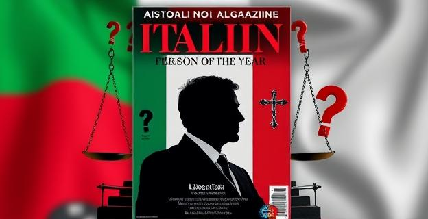 Una portada de revista italiana con un título prominente "Persona del Año" y una silueta genérica que representa liderazgo. Alrededor, elementos simbólicos de controversia política: balanzas desequilibradas, cadenas, nubes de interrogación. Fondo con colores de la bandera italiana, pero difuminados, sugiriendo una distorsión.