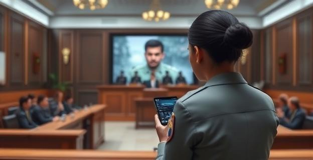 Dispositivos electrónicos de seguimiento para víctimas de violencia de género con sistema de geolocalización y alertas a la policía, con un fondo de pantalla de un juzgado y fuerzas de seguridad trabajando