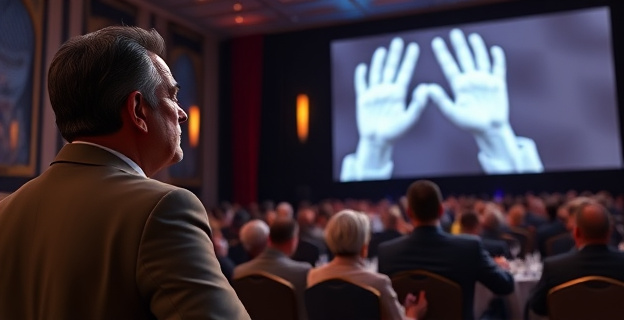Una imagen de una gala de premios con un ambiente tenso, donde se ve a Luis Tosar y Rigoberta Bandini en el escenario, con una pantalla detrás mostrando una imagen icónica de manos pintadas de blanco. Al fondo, se distingue a Pedro Sánchez en la audiencia con una expresión seria.