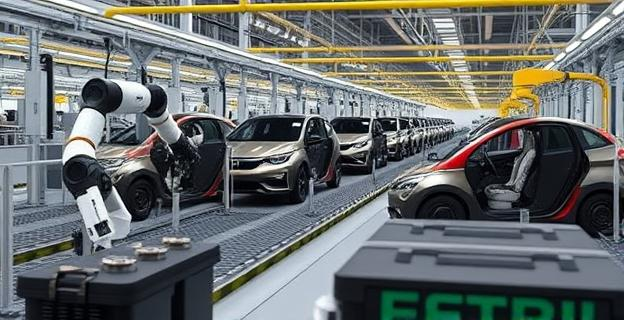 Imagen de una fábrica de coches eléctricos con robots trabajando en una cadena de montaje, con vehículos eléctricos en diferentes fases de producción y componentes de baterías en primer plano.