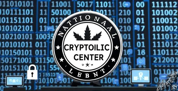 Un logotipo del Centro Criptológico Nacional en una pantalla de computadora con un fondo de código binario, rodeado de iconos de seguridad y tecnología