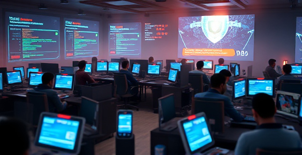 Una escena caótica en Moncloa, con dispositivos móviles y ordenadores mostrando alertas de seguridad y personas trabajando en un ambiente de tensión y paranoia, con un fondo de pantallas con código binario y símbolos de seguridad informática.