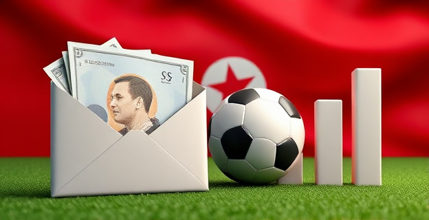 Imagen de un sobre con dinero y un balón de fútbol sobre un fondo con la bandera de Túnez y un gráfico de barras representando apuestas deportivas
