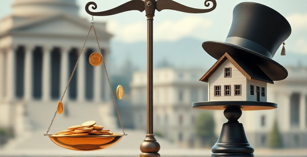 Una balanza de la justicia desequilibrada, con monedas de oro cayendo del lado de un edificio gubernamental imponente. En el otro platillo, un hogar modesto que se tambalea. Detalles de un fondo borroso de la ciudad, con elementos de burocracia y una sombra proyectada de un gran sombrero político. La escena evoca conflicto, lujo y crítica, sin mostrar rostros reales.