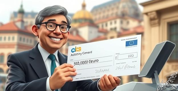 Un fiscal general del Estado sonriendo mientras deposita un cheque de 150.000 euros en un banco, con un fondo de una ciudad histórica.