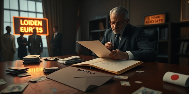 
  Una escena surrealista en un despacho de auditoría: un hombre con traje impecable (el auditor) firma un documento gigante con tinta dorada mientras, en segundo plano, un avión de papel se desmorona sobre una mesa llena de billetes falsos y un mapa de Dominica con un sobre brillante etiquetado como 
