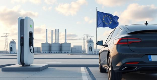 Imagen de un coche eléctrico siendo cargado en una estación de carga moderna con fábricas de baterías al fondo y la bandera de la UE ondeando en el cielo.