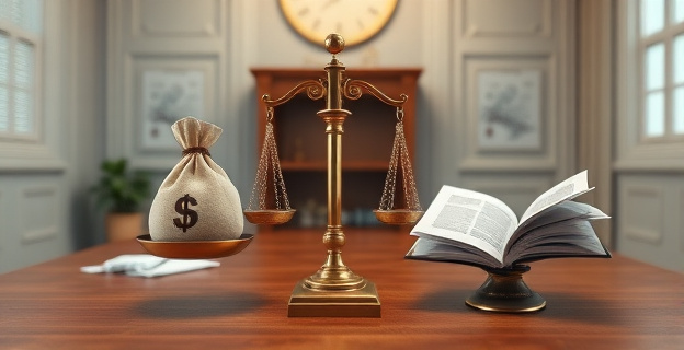 Una imagen de una sala con documentos contables y una balanza con una bolsa de dinero en un lado y un libro de contabilidad en el otro, simbolizando la ocultación de fondos.