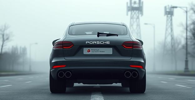Imagen de un Porsche Cayenne detenido en una calle vacía de Moscú con una ligera niebla, mostrando una pantalla de error en el panel de control y un cielo gris con antenas de comunicación al fondo.