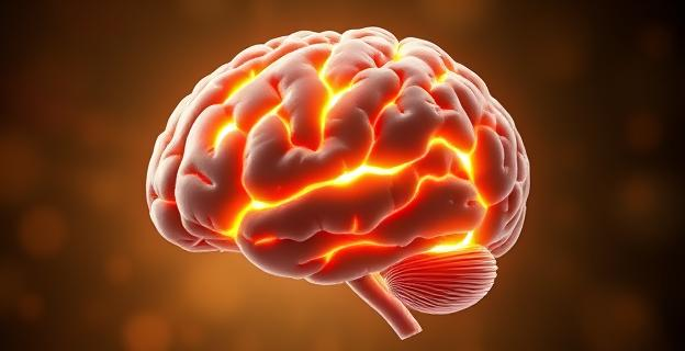 Imagen de un cerebro humano con áreas resaltadas que representan la materia blanca y células gliales, con un fondo que sugiere una transición de envejecimiento a rejuvenecimiento