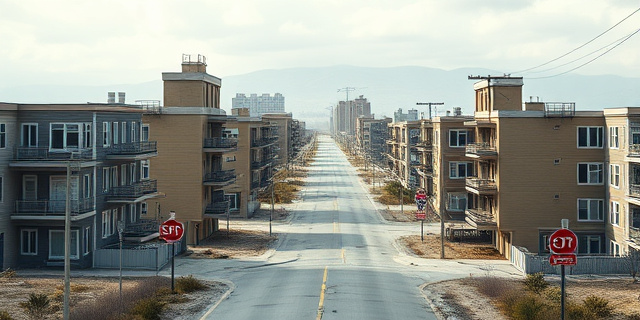 Una ciudad fantasma con edificios vacíos y calles sin vida, rodeada de carteles que anuncian un proyecto de vivienda que nunca se ha completado